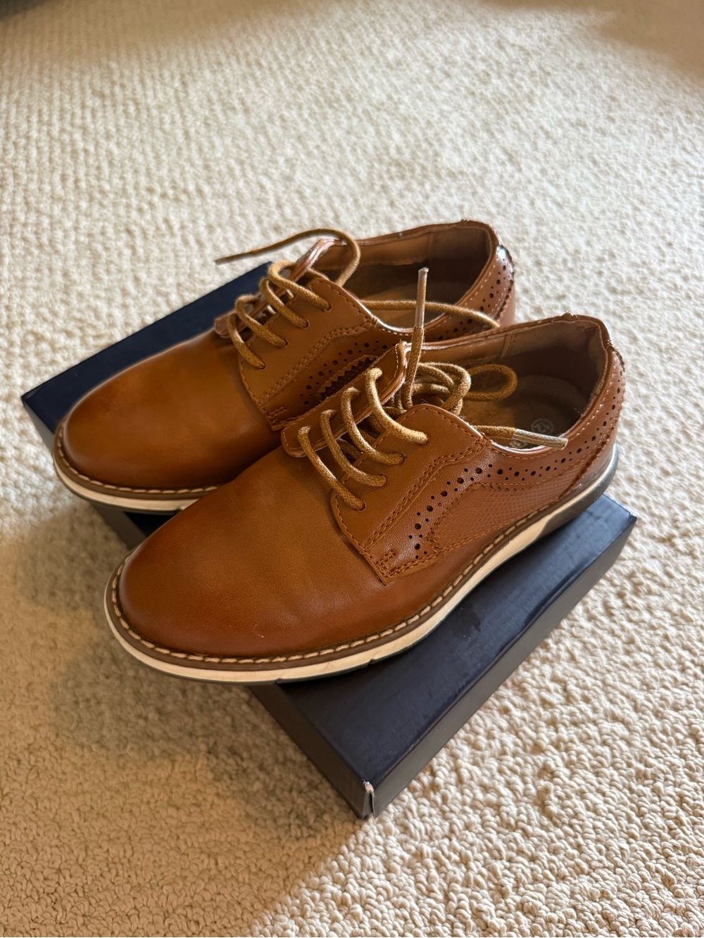 Little Gentleman's Tan Leather Dress Shoes with Brogue Detail